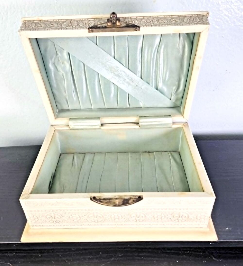 Victorian Jewelry Box Ivory Celluloid & French Blue Silk | Emboss Fleur di lis